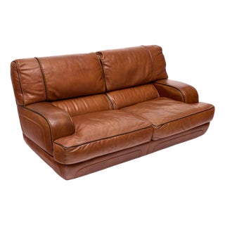 Italian Modernist Cognac Large Two Seat Leather Sofa For Sale