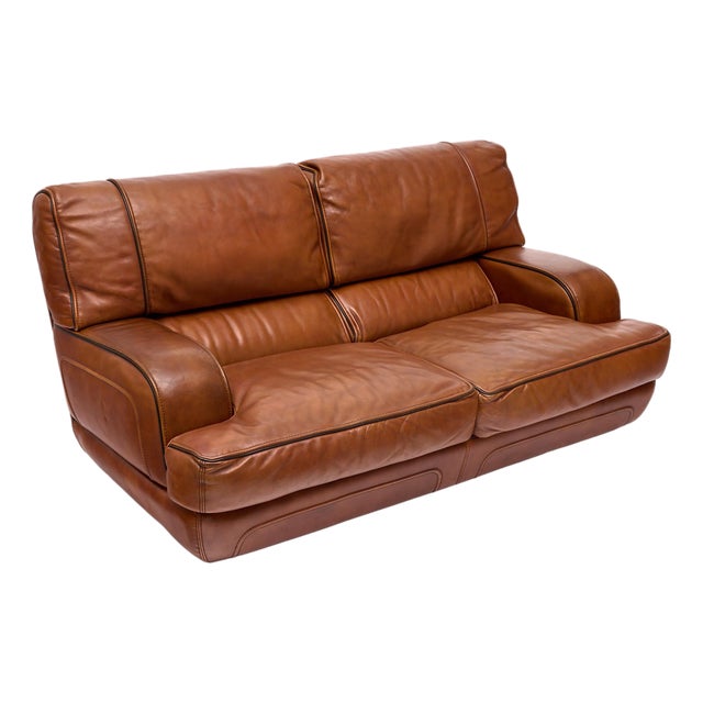 Italian Modernist Cognac Large Two Seat Leather Sofa For Sale