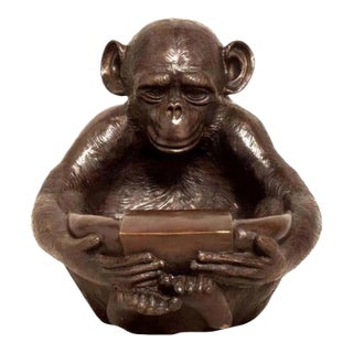 Lost Wax Cast Bronze Sculpture of a Sitting Monkey Holding Bowl For Sale