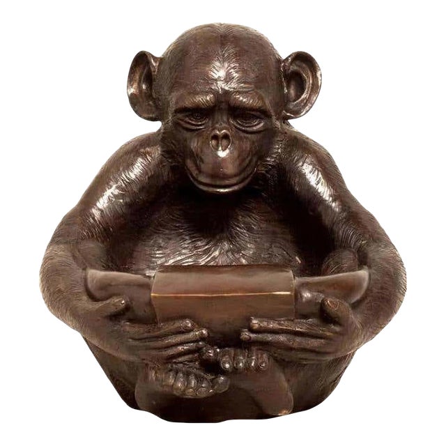 Lost Wax Cast Bronze Sculpture of a Sitting Monkey Holding Bowl For Sale