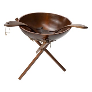 Extra Large Turned Teak Wood Salad Bowl on Tripod Stand For Sale