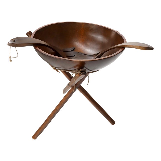 Extra Large Turned Teak Wood Salad Bowl on Tripod Stand For Sale