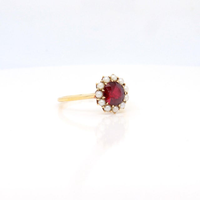 Signed Mid-Century Jones & Woodland 14k Gold, Garnet, and Seed Pearl Ring For Sale - Image 10 of 13
