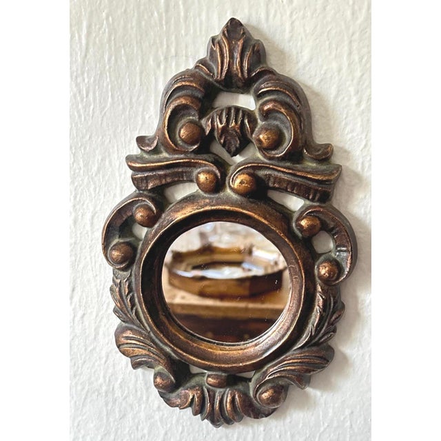 French Vintage Venetian Gilded Mirror – Ornate Italian Tole Carved Frame, Petite Accent Mirror For Sale - Image 3 of 8