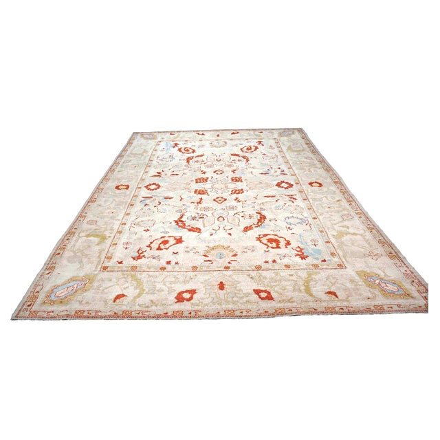 21st Century Turkish Oushak Wool 9x12 Ivory, Rust, & Blue Handmade Area Rug #1141267 For Sale - Image 4 of 6