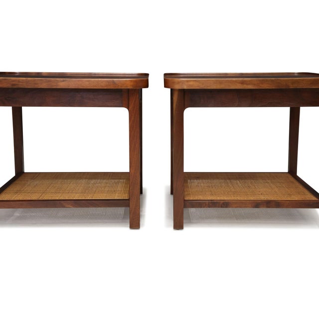 Mid 20th Century Attribtued to Jack Cartwright for Founders Book-Matched Walnut & Cane Side Tables For Sale In San Francisco - Image 6 of 13