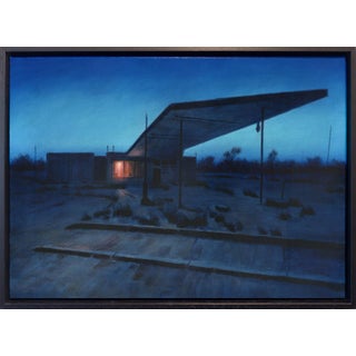 Station Blue by Mark Harrison | Oil on linen of an abandoned gas station at dusk For Sale
