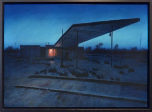 Station Blue by Mark Harrison | Oil on linen of an abandoned gas station at dusk