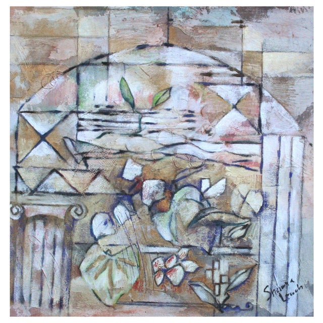 Beautiful figural abstract with Ionic columns and plants by Shawna Leach (American, b.1962). Signed lower right. Displayed...