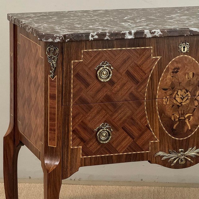 Wood Antique French Louis XVI Style Marquetry Marble Top Commode For Sale - Image 7 of 18