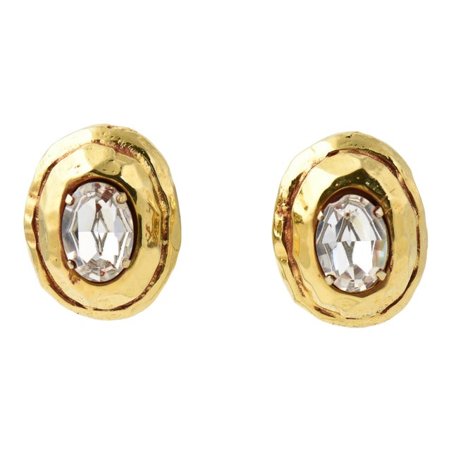 1980s Kalinger Paris Gold Crystal Statement Earrings - 2 Pieces For Sale