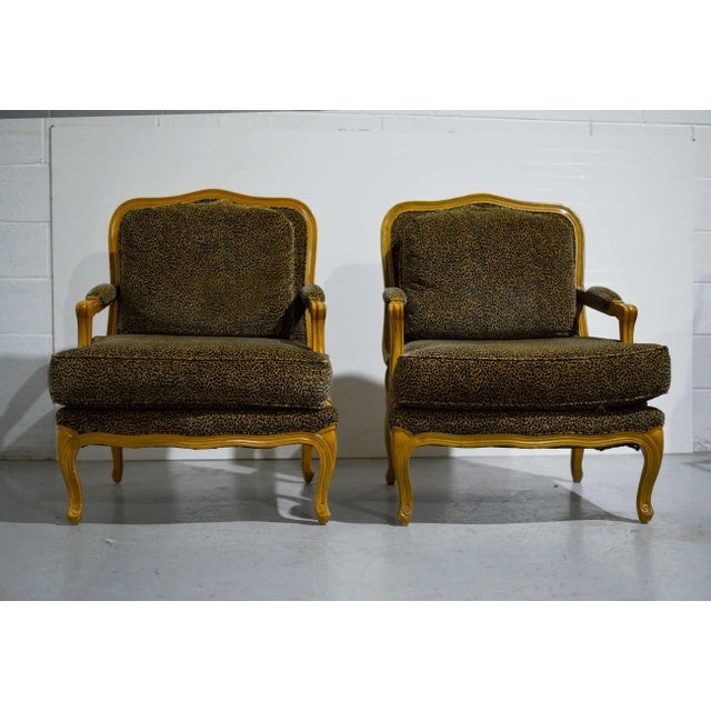 These Vintage French Leopard Print Upholstery Bergere Chairs are a timeless, classic addition to any living space. They...