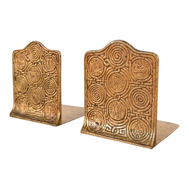 Tiffany Studios New York Bronze Doré Zodiac Bookends, Circa 1910 For Sale