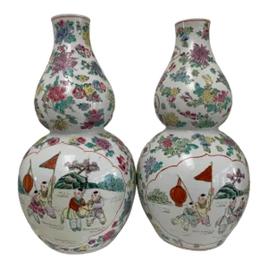 Mid 20th Century Porcelain Double Gourd Chinese Vases- a Pair