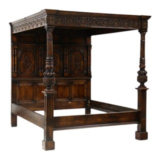 19th Century Jacobean Style Carved Walnut Queen Canopy Poster Bed For Sale