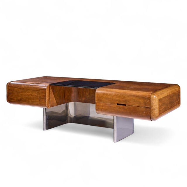 Mid-Century Modern m.f. Harty for Stow and Davis Mid Century Walnut, Chrome and Glass Executive Desk For Sale - Image 3 of 10