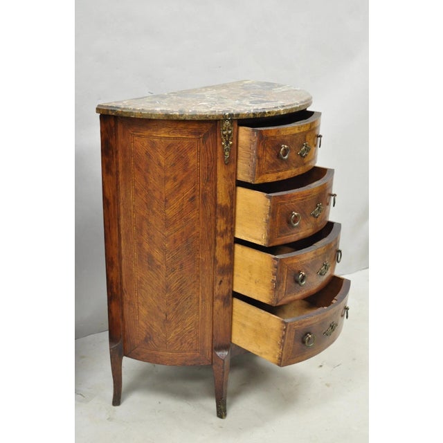 Early 20th Century Antique French Louis XV Style Demilune Marble Top 4 Drawer Nightstand Table Pair For Sale - Image 5 of 18