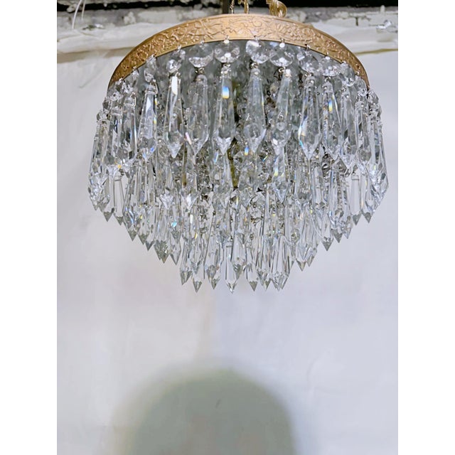 Hollywood Regency Vintage Hollywood Regency Floral Embossed Brass Tiered Waterfall Crystal Flush Mount Chandelier For Sale - Image 3 of 7