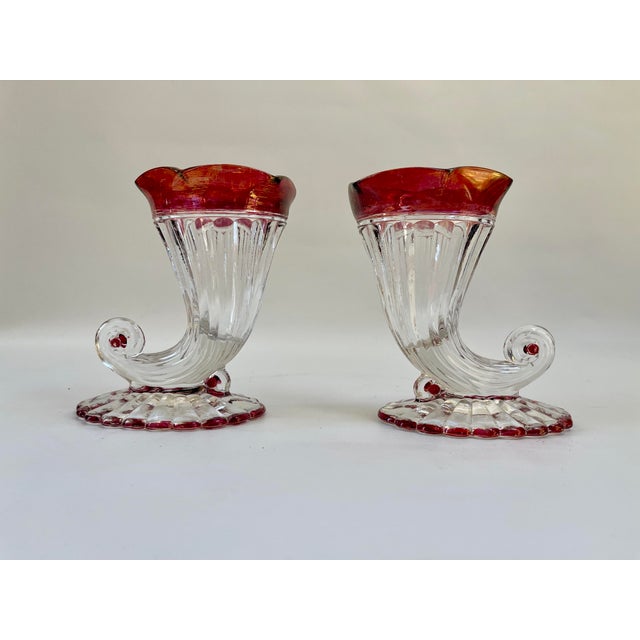 Vintage Art Deco Cornucopia Cranberry Red Vases - a Pair For Sale In Boston - Image 6 of 7