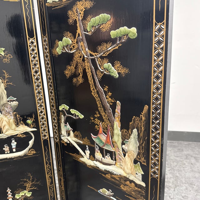Chinoiserie Black Lacquer Four-Panel Folding Screen, Vintage For Sale - Image 10 of 12