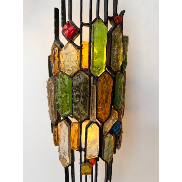 Hammered Glass Wrought Iron Sconces by Longobard, Italy, 1970s, Set of 3 For Sale - Image 6 of 14