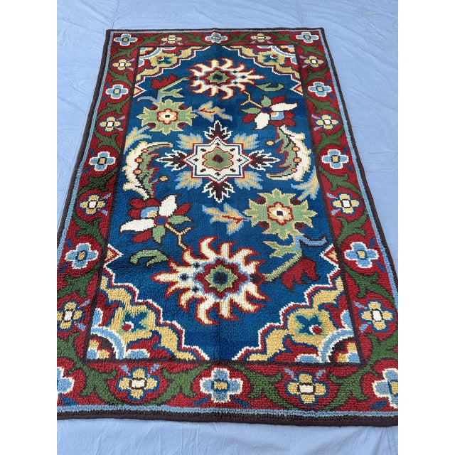 Art Deco Blue Moroccan Art Deco Hand-Knotted Wool Rug - 7'5" X 4'2" For Sale - Image 3 of 10