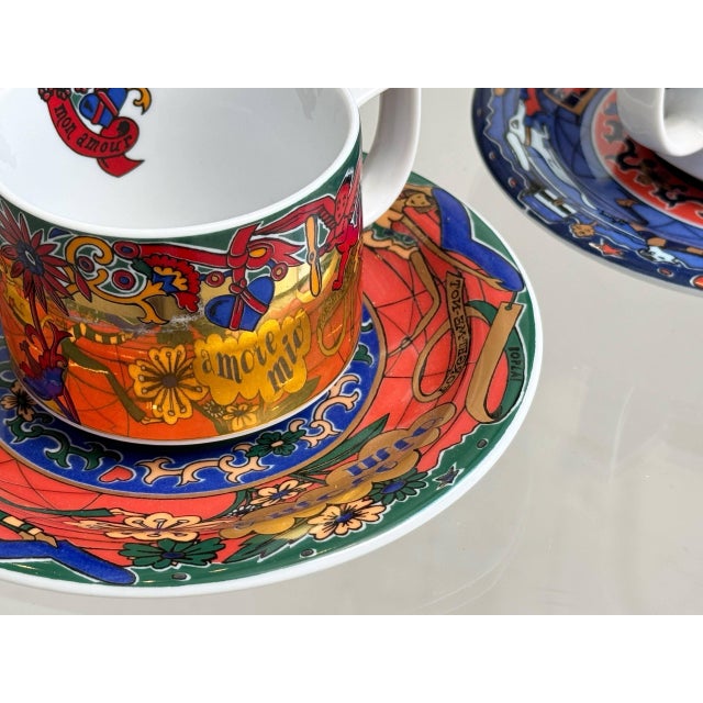 Vintage Swiss Tête-À-Tête Cup Set for Lovers from Bopla! Porcelain Factory Langenthal, Switzerland, 1990s, Set of 4 For Sale - Image 9 of 12