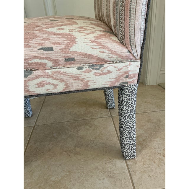 1980s Custom Multi-Pattern Upholstered Accent Chair & Small Footstool Set For Sale In Cleveland - Image 6 of 9