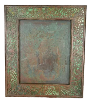Tiffany Studios New York Pine Needle Bronze and Green Slag Glass Large Picture Frame, Circa 1910