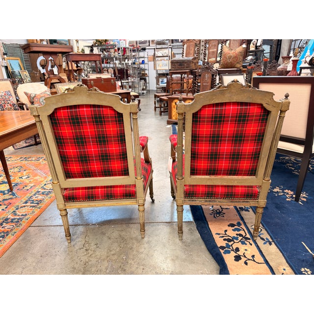 Pair Antique Carved Red Tartan Arm Chairs For Sale - Image 4 of 10