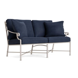 Brown Jordan Venetian Loveseat, Dove frame with Fusion Neptune fabric For Sale