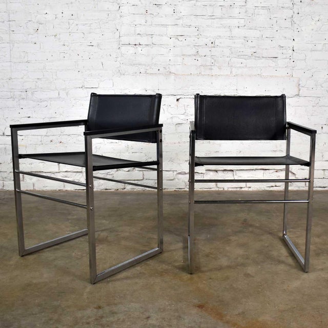 Vintage Chrome & Black Vinyl Faux Leather Sling Director’s Chairs Straight Legs, a Pair For Sale - Image 13 of 13
