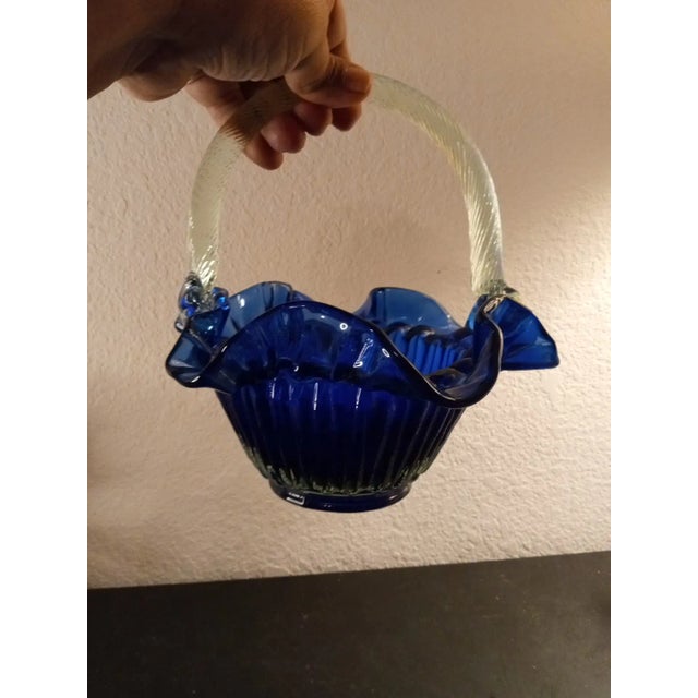 American 1980s Ruffled Cobalt Blue Basket Vase For Sale - Image 3 of 7