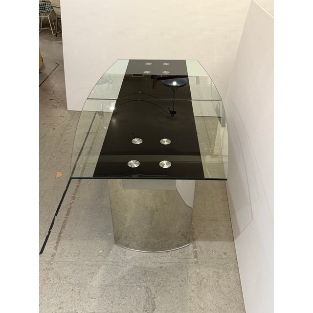 Modern Double Pedestal Extendable Glass Top Table For Sale - Image 9 of 12
