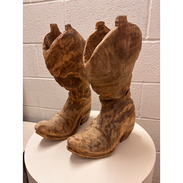 1970s Carved Cowboy Boots, Signed by Artist - Set of 2 For Sale - Image 4 of 6