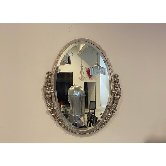 Silver French Art Deco Oval Nickel Beveled Mirror For Sale - Image 8 of 8