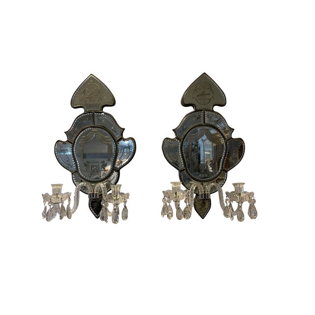 Antique Venetian two-arm etched candle sconces with mirrors behind. Lovely shaped antique mirror scobes hand-etched with a...