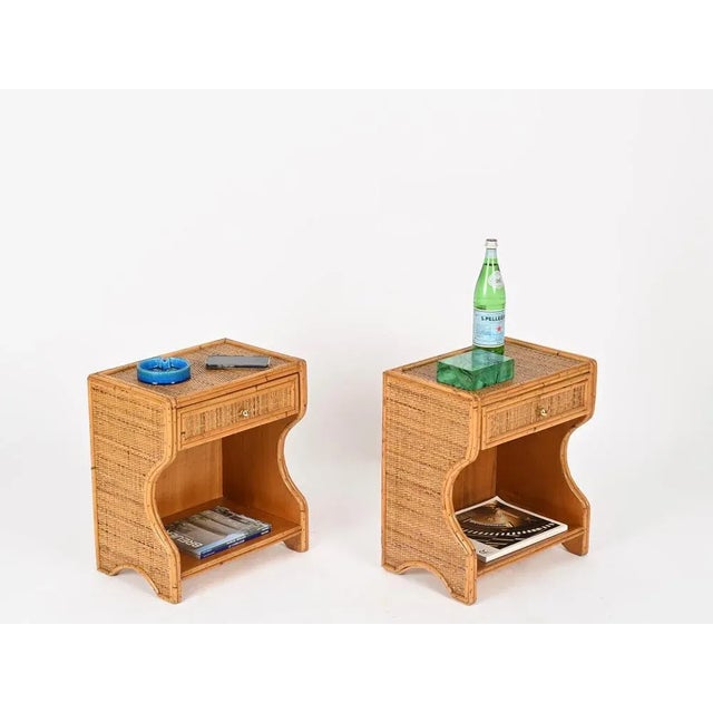French Riviera Nightstands in Rattan, Wicker and Brass, Italy, 1970s, Set of 2 For Sale - Image 3 of 15