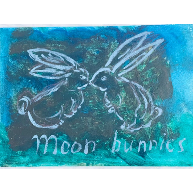 Abstract Moon Bunnies - mixed media - oil, acrylic, crayon on unstratched canvas by Elia.