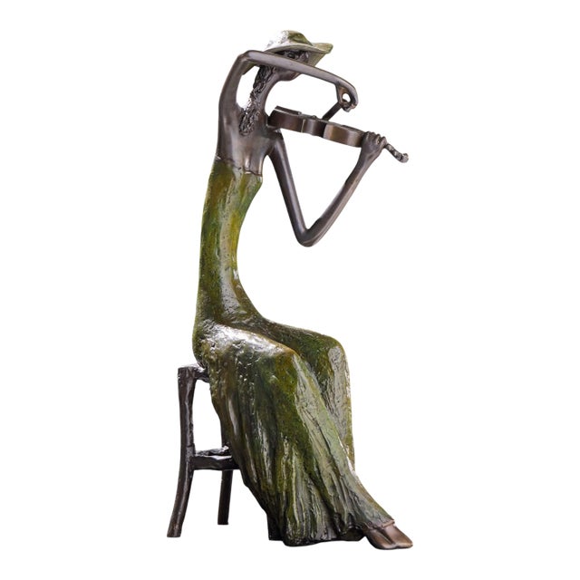 Ruth Bloch Woman Playing Violin Israeli Bronze Sculpture For Sale