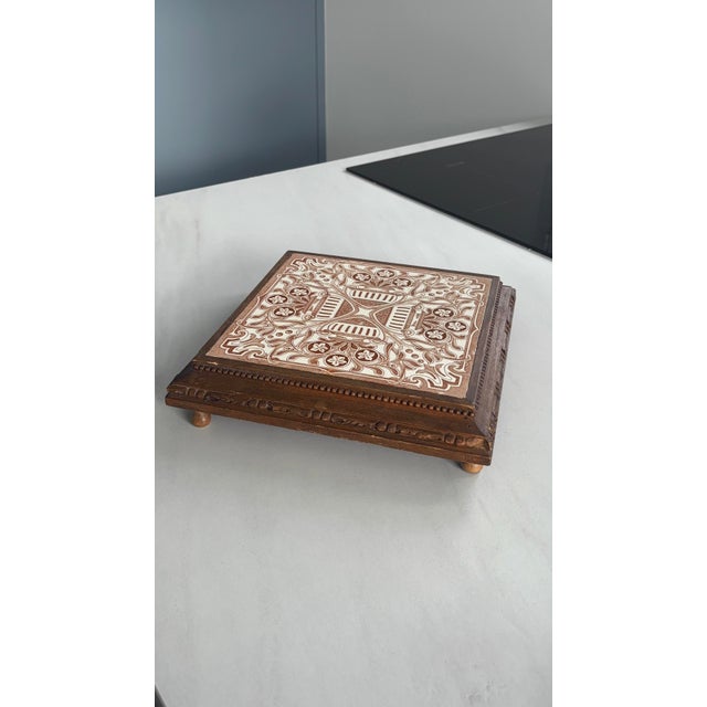 Wooden and Earthenware Trivet with Brown and Cream Tiles, France, 1920s For Sale - Image 11 of 11