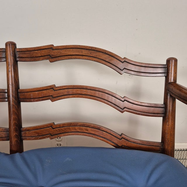 Mid 20th Century French Country Petite Walnut Ladder Back Settee Bench W/ Blue Faux Leather Cushions For Sale - Image 10 of 14
