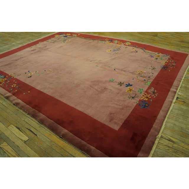1920s Pink Rose Open Floral Vase Antique Chinese Art Deco Carpet 9' X 11' 7" Knotted Wool Rug For Sale - Image 4 of 12