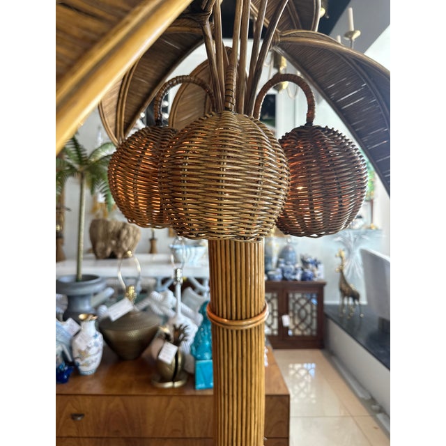 Mario Lopez Torres Vintage 1970s Pencil Reed Rattan Wicker Bamboo Palm Tree Floor Lamp Coconuts For Sale - Image 4 of 12