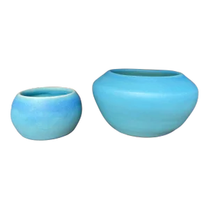 Early 20th Century Van Briggle Blue Glazed Hand-Thrown Pots - a Pair