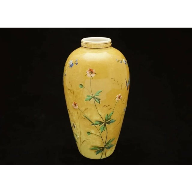 Antique Amber Yellow Art Glass Vase Cased Glass with Butterfly Wildflower Decor For Sale - Image 4 of 8