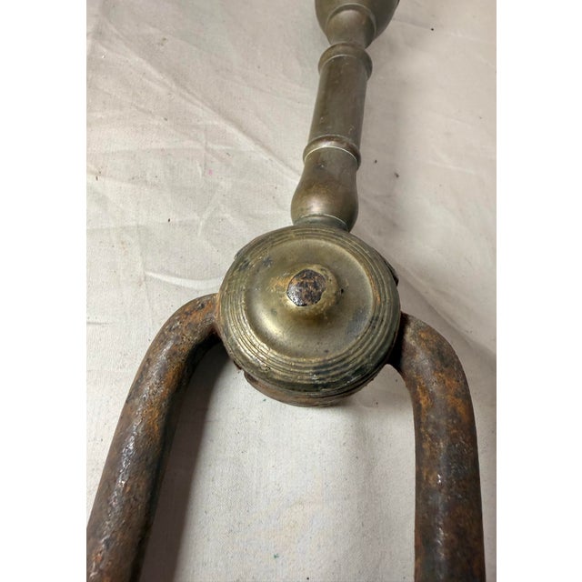 Antique 18th Century Wrought Iron Turned Brass English Fireplace Tongs Tool 5 For Sale - Image 9 of 10