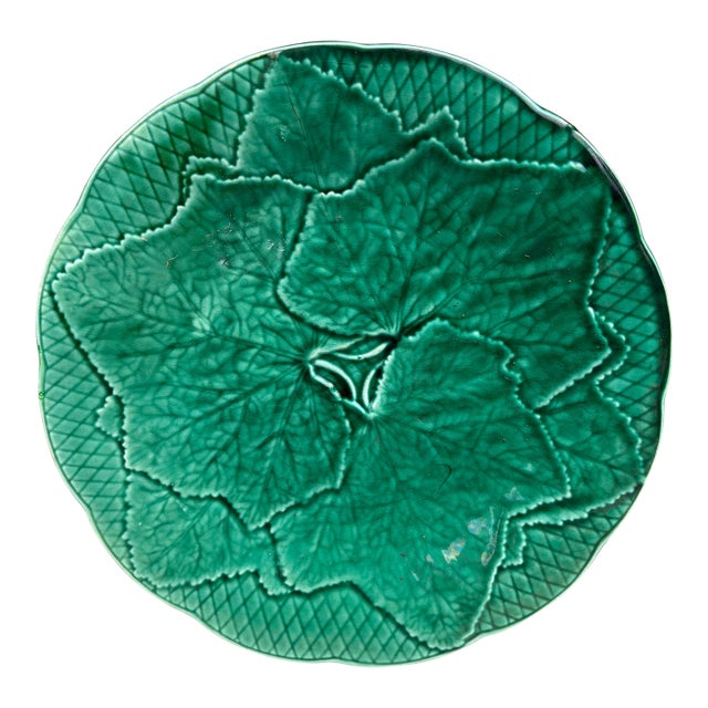 Green Majolica Leaf Plate Gien Circa 1950 For Sale