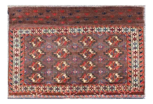 19th Century Antique Tekke Rug With Brown Field and Tribal Motifs in Red