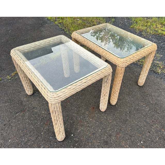 Hollywood Regency 1960’s Vintage Pair of Glass Top Wicker Side Tables For Sale - Image 3 of 8